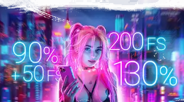 Image of a woman with pink hair holding a smartphone, representing Vulkan Platinum Internet-casino's bonus offers, with neon text for free spins and deposit percentages.