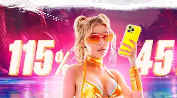 Image of a woman in a gold outfit holding a phone, symbolizing the weekly bonus at Vulkan Platinum Gambling platform with highlighted percentage and free spin offers.